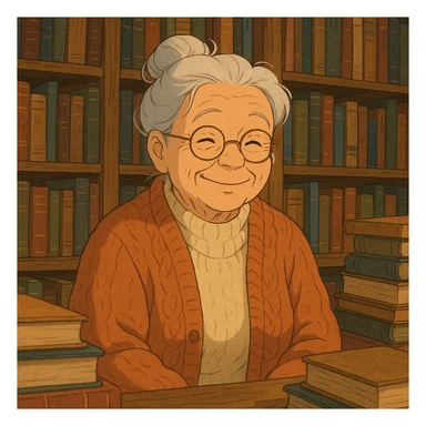 ghibli style elderly smiling librarian granny, warm expression, glasses, cozy sweater, surrounded by books sticker