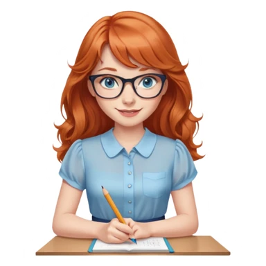redheaded woman with long wavy hair and bangs, blue eyes, clear cat-eye glasses, short-sleeve apricot blouse, pencil skirt, holding a pencil, smiling sticker