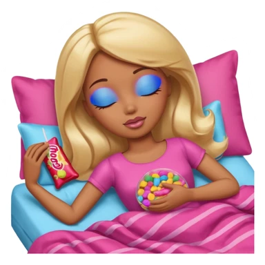 Brown skin blonde hair Barbie sleeping in bed with eyes closed with candy sticker
