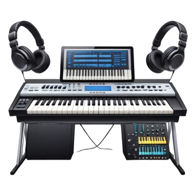 Create a professional and artistic emoji that represents writing music tracks. The design should feature a large monitor displaying musical notes or a score, positioned in front of a professional Korg synthesizer. Add elements like studio headphones, a MIDI keyboard, and an audio interface to symbolize the tools used in music production. Use sleek, modern colors like silver, black, and neon accents to convey the professional environment of music composition. The background should be transparent. sticker