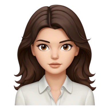 brunette Kendall Jenner con cabello ondulado marrón, ojas cafés oscuros con blusa blanca  sticker