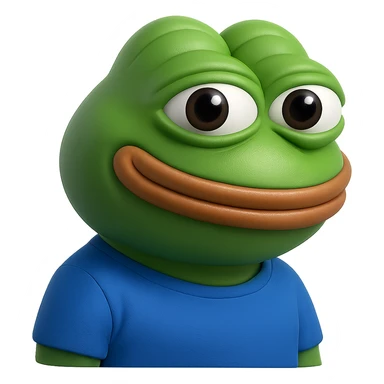 pepe in
- 3d style
- bright green
- blue shirt
- smiling
- looking straight at the camera
- good highlights and shadows
- 30deg angled towards the right
- 20% inset padding
- nice rounded cut off at the bottom sticker