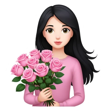 A beautiful girl with long black hair holding a bouquet of pink roses sticker