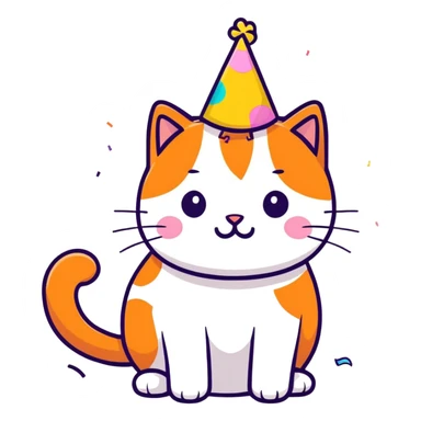 orange cat celebrating with a part hat on and confetti sticker