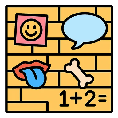 color outline icon style wall of jokes, a lineal color icon style scene of a wall covered with various humorous illustrations and jokes sticker