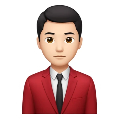 cool handsome Asian man emoji, short black hair styled with exposed forehead, natural slick hairstyle, sharp facial features, fair skin, confident eyes, subtle smirk, wearing dark red suit and white shirt with top buttons undone sticker