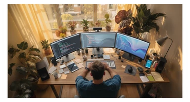 Cinematic shot of a programmer programming on tripple display setup PC, top dutch angle, Warm bright vibe, modern apartament around plants notes, model is dress like designer, morning, big window, captured on arri alexa sticker
