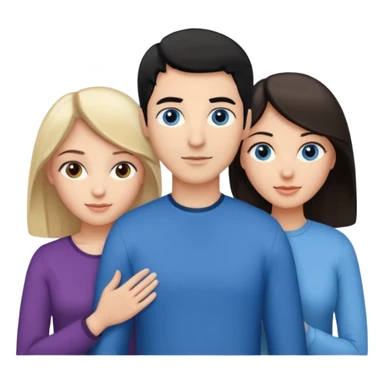 3 people. Throuple. Blank woman with blond hair and blue eye color on left. And also a blank man with black hair and grey eye color in the middle. And a blank woman with brown hair and grey eye color on the right. Holding each other sticker