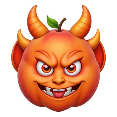 A peach with devil horns and a devil face sticker