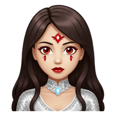 Bloody Mary with light skin, long dark brown hair, red eye, white sequin outfit sticker