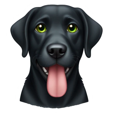 Old Black Labrador with green collar and mouth closed sticker
