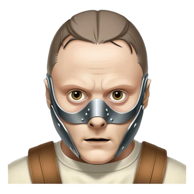 Icon for Hannibal Lecter (Anthony Hopkins): A chilling design with a close-up of Hannibal's face wearing the iconic muzzle mask. Dark, ominous background with sharp lighting to emphasize his intense gaze. A sinister, psychological thriller atmosphere. Transparent background. sticker