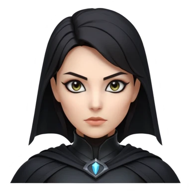 dark sci-fi villain female portrait, head and shoulders only, black armor, cape collar, intense eyes, sharp confident expression, subtle futuristic makeup, dramatic lighting, 3D cartoon, mobile game icon style, clean background, no text, no watermark
 sticker