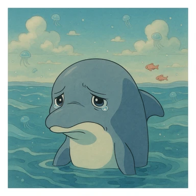 sad dolphin, ghibli style sticker