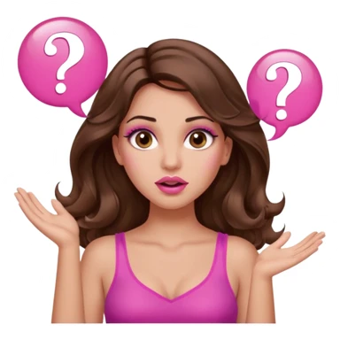 girl with long wavy brown hair, brown eyes, long lashes makeup, sexy pink lips, light to medium complexion, pink sexy top, two hands up, shrugging, confused question mark bubble sign sticker