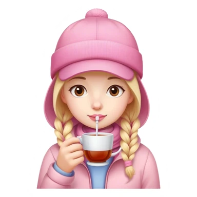 A girl in a pink cap drinks tea from a straw in winter sticker