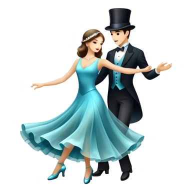 Icon for Ballroom Dancing: a pair of elegant dance shoes, a flowing dress, a top hat, and a dance floor spotlight. The icon should represent the elegance and atmosphere of ballroom dance, focusing on the iconic dance elements. Transparent background. sticker