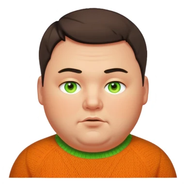 emoji of a chubby man in his 30s, short hair, dark yellow-orange woolen sweater, glowing neon green eyes sticker