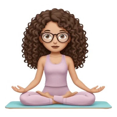 Memoji-stylegirl with long dark brown curly hair, round glasses, large brown eyes, soft rounded face, warm beige skin tone, wearing neutral Pilates activewear, calm wellness aesthetic, pastel colors, sticker-style digital illustration, smooth shading, white outline,reformer pilates doing. sticker