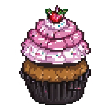 pixel art cupcake with pink icing and a bite taken out sticker