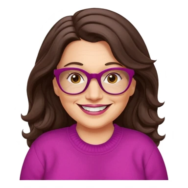 50 yr Caucasian woman, long dark brown hair parted on side, brown eyes, brown glasses, big smile, white teeth, fuscia sweater, chubby, wavy hair sticker