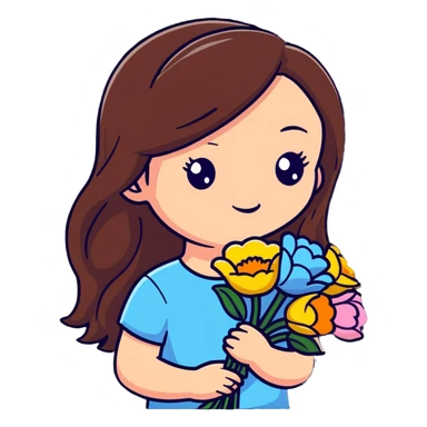 Cool girl with long brown hair and fair skin holding a bouquet of flowers sticker