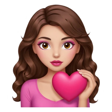 girl with long wavy brown hair, brown eyes, long lashes makeup, sexy pink lips, light to medium complexion, wearing a pink sexy top, squeezing a big heart sticker