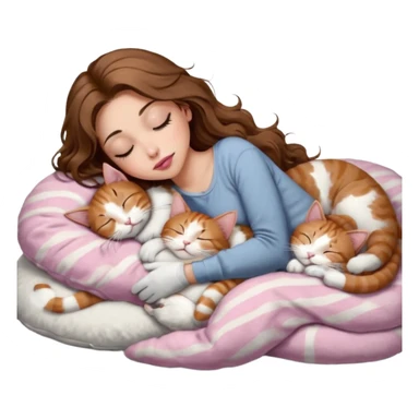 girl with long wavy brown hair, brown eyes, long lashes makeup, sexy pink lips, light to medium complexion,  sleeping on a cozy pillow, with 6 cats: 1 brown and white tabby cat, 1 ginger and white, 2 grey and white, 1 grey has white mittens and small white patch on its chest and 1 calico, sleeping sticker