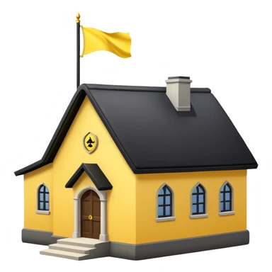 simple magic school, low detail, white background, magic school, black roof, with a big flag, big flag on a roof, big yellow flag, white school sticker