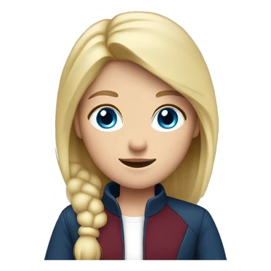 An adult girl, blue eyes, straight blond hair, dark blue jacket, burgundy shirt. sticker