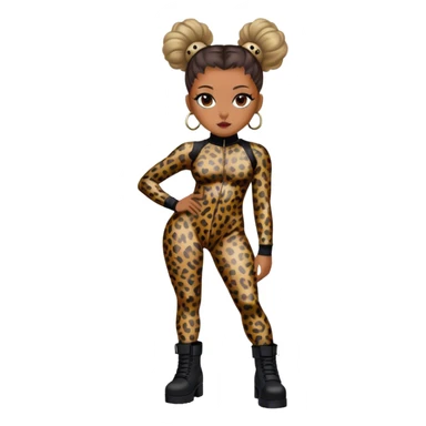 Melanie Brown with her hair in space buns and highlights wearing a tight leopard print two piece bodysuit and black combat boots sticker