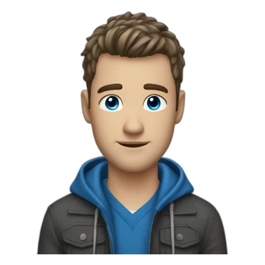 realistic guy he has bangs that go to the right, he has these long bangs that reach his shoulders, he has blue eyes and a blue jacket sticker