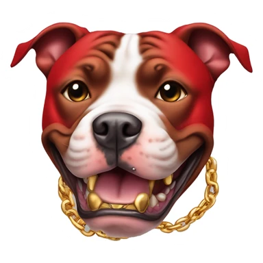 A pit bull dog in red colour with gold chain with danger teeth sticker