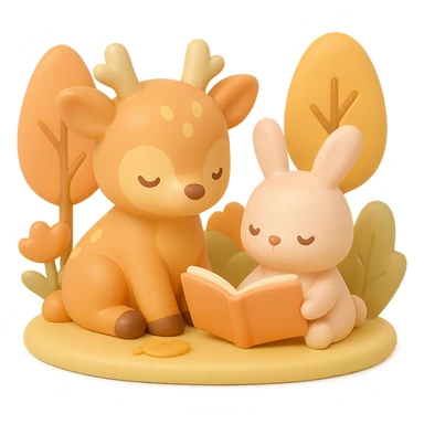 cute deer and bunny reading together in a soft autumn forest scene, vinyl figure style sticker