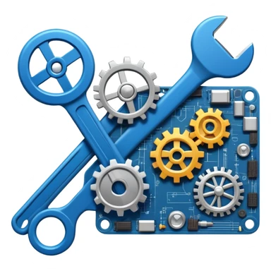 An icon featuring a wrench, gears, and a blueprint, symbolizing engineering. The design includes a circuit board, a hammer, and a compass, representing the creation and innovation of machines, structures, and technology. Transparent background sticker