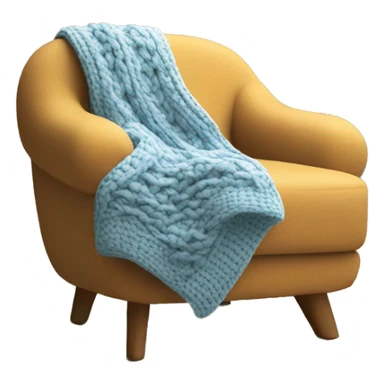 Design an inviting emoji of a chunky knit blanket folded on a comfy chair, with a cup of coffee nearby, evoking a cozy home setting. sticker