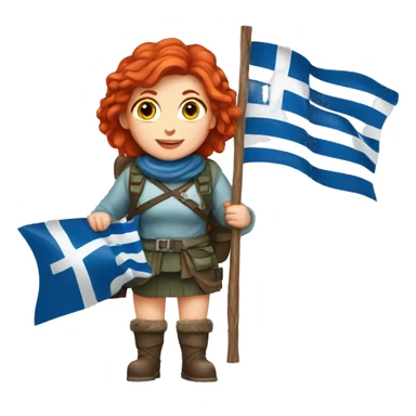 red hair female winter mountaineer offering Easter eggs and Greek flag sticker