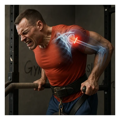 Hyperrealistic 4K anatomical illustration of a man performing a dip on parallel bars in a lateral position as in the reference image. Expression of pain, shoulder highlighted with an X-ray effect showing joint and inflammation. Realistic details, gym atmosphere. Variant 7. sticker