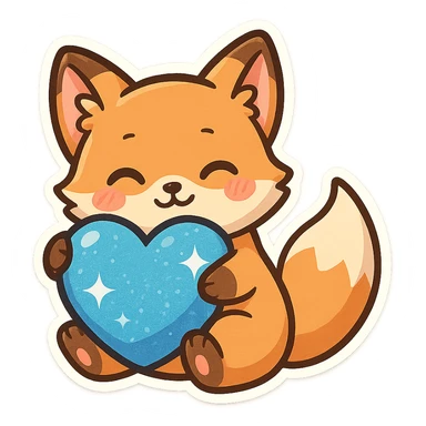 a fox embracing a sparkling blue heart, adorable and eye-catching sticker