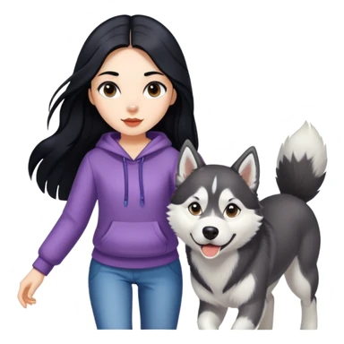 A girl with long black hair walks a husky sticker