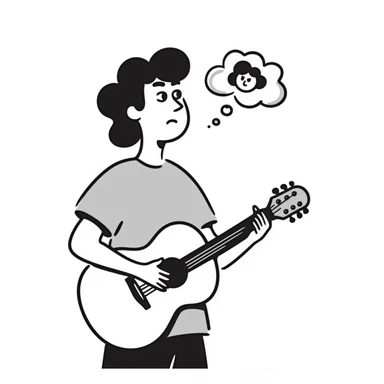 Close-up of a musician's face and torso, holding a guitar, looking up at the sky with a sad and worried expression, with a small thought cloud above showing something causing concern sticker