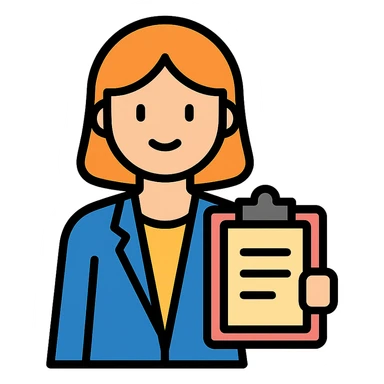 female character with a clipboard, standing, color outline icon style sticker