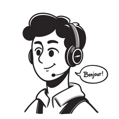 Highly detailed anime-style male character saying "Bonjour!", with styled black hair, expressive brown eyes, defined black beard, wearing detailed gaming headphones, anime art style with line work sticker