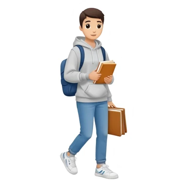 A flat-style illustration of a college student with a tote bag over the shoulder and a book in one hand. The student wears a hoodie, jeans, and sneakers. Clean cartoon style, white background, iOS emoji aesthetic. sticker