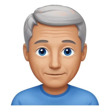 Middle aged man with tanned skin, receding dark grey hair and no beard, blue eyes, shy smile sticker