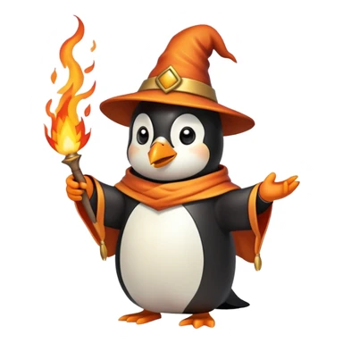 penguin wizard casting a fire spell with flames sticker