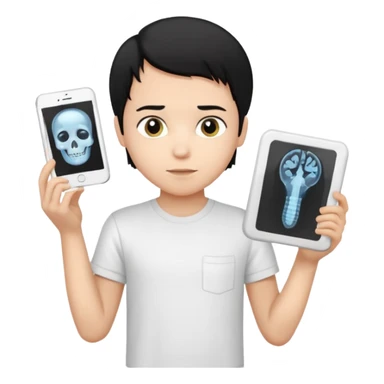 generate a pretty bratz emoji of a boy with black hair wearing a white tshirt and holding a cT sticker