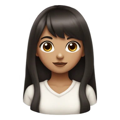 Dark brown haired pretty girl with olive skin with straight across bangs and long hair holding a black and white cat sticker