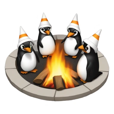 Penguins circling a fire pit while wearing white duns caps sticker