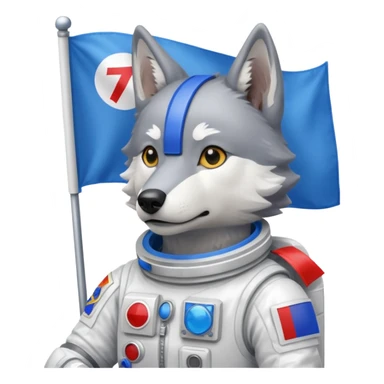 a wolf in space suit, holding blue rectangle flag sticker